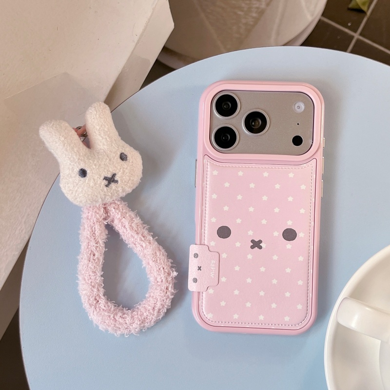 Cute Cartoon Wrist Strap Silicone Case - かわいいキュートな漫画風ピンクのミッフィー星柄レザー製落下防止スマホケース iPhone 17 13 14 15