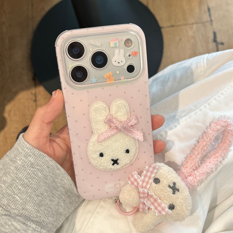 Cute Cartoon Wrist Strap Silicone Case - かわいいキュートな漫画風ふわふわミッフィー ピンクの水玉模様のiPhone 13 14 15 16