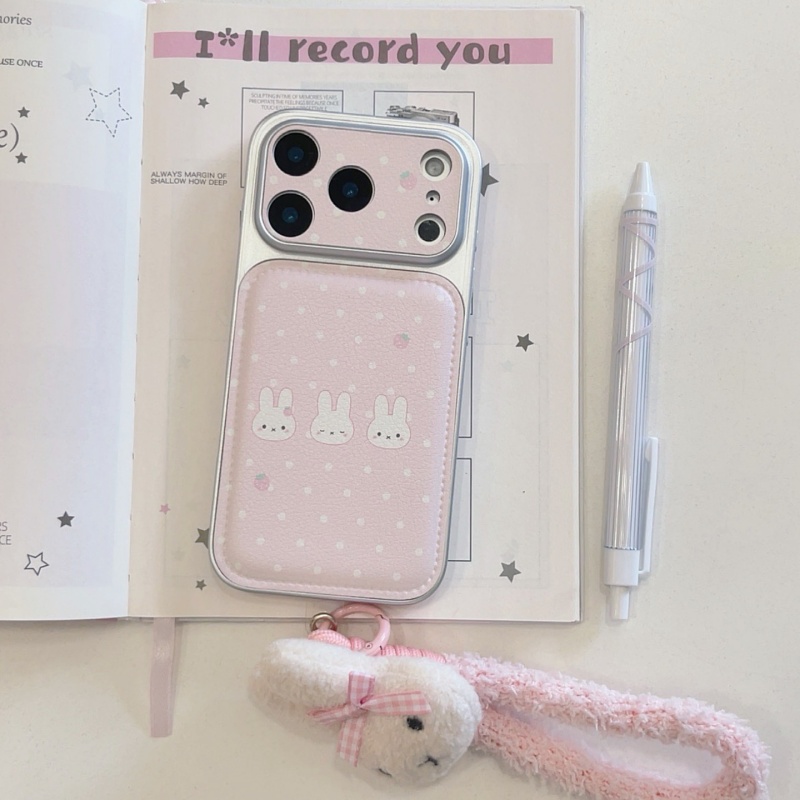 Cute Cartoon Wrist Strap Silicone Case - かわいいイチゴ柄ミッフィー水玉模様レザー製iPhone 17 13 14 15 16
