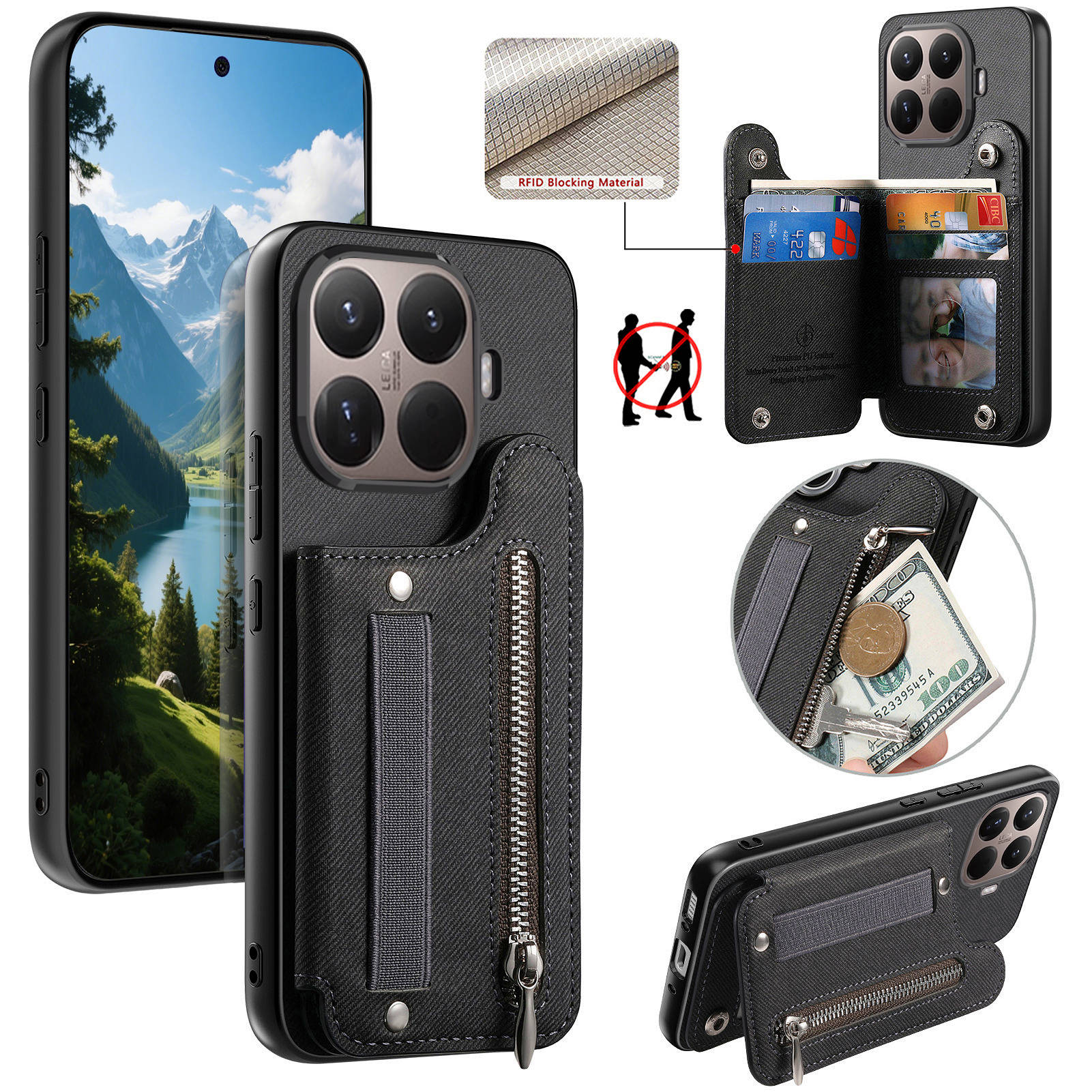 RFID リストストラップジッパーウォレットレザーカードホル - Leather Wallet Card Holder Phone Cover のレビューと価格