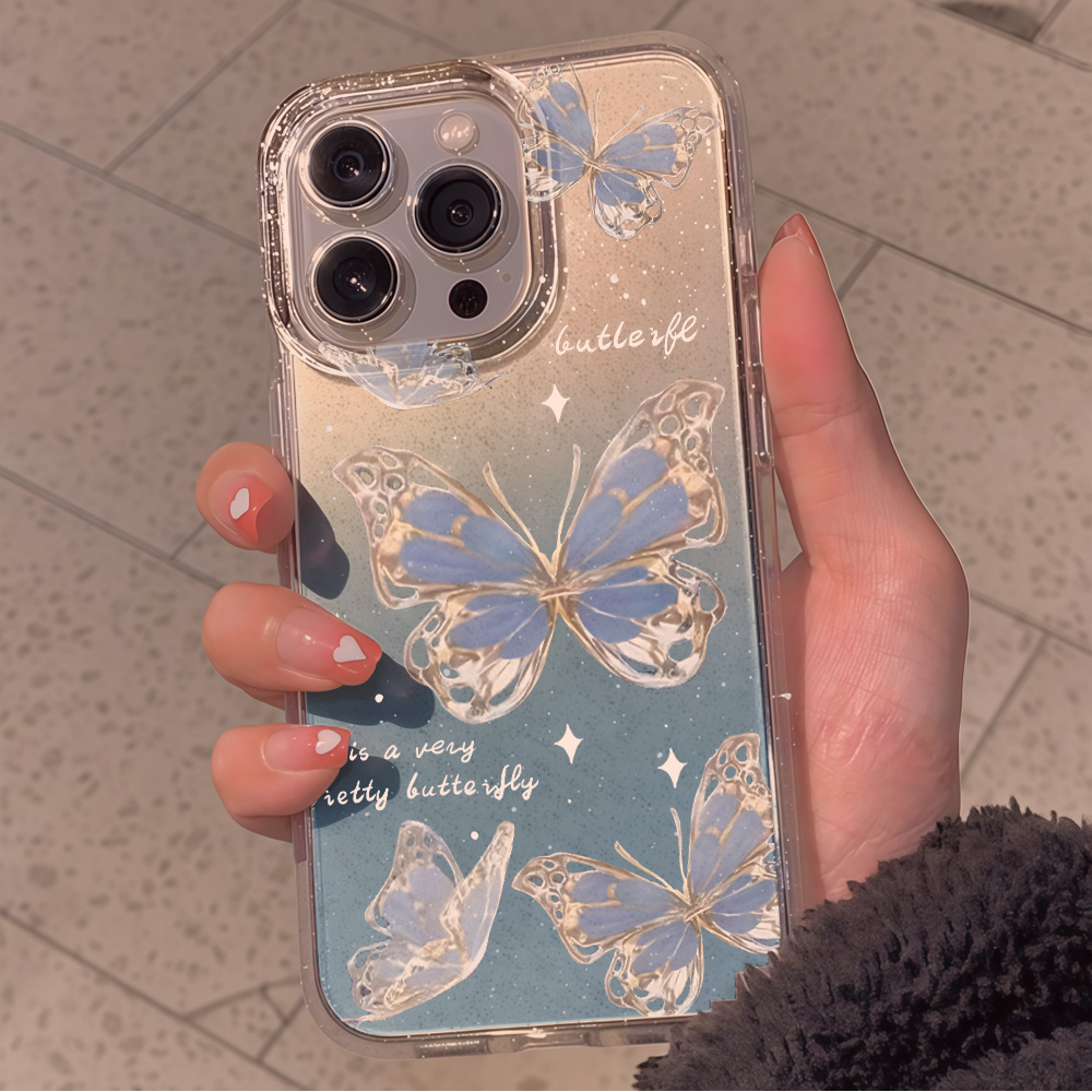 高級ブルーバタフライクリアグリッターフォンケース iPhon - Clear Shockproof Bumper Case のレビューと価格